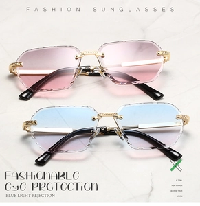Close-up of polygon gradient lenses with carved gold frames and diamond-cut edges