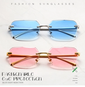 Detail of rimless square sunglasses with gradient lenses and anti-blue light metal frame