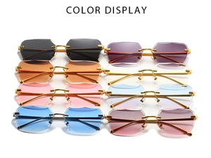 Color display of eight rimless square sunglasses with gradient lenses and metal temples