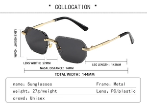Detailed dimension chart showing polygon rimless sunglasses with gold metal temples
