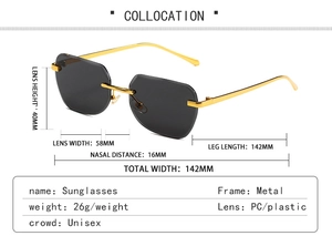 Detailed size specifications of rimless hexagonal sunglasses with dimensions and metal frame specs