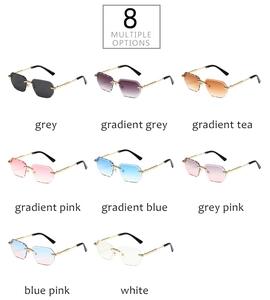 Detail grid of rimless octagonal sunglasses in eight colors with metal temples