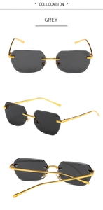 Detail view of rimless square sunglasses with grey gradient lenses and gold metal frame