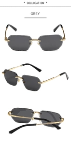 Detail view of rimless polygon sunglasses with grey lenses and golden metal frames