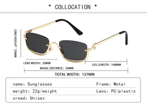 Detailed size chart for retro hip-hop metal rectangle sunglasses with exact dimensions