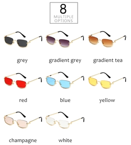 Collage of rimless rectangle sunglasses in 8 lens colors with golden metal frames