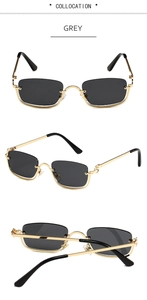 Detailed views of narrow rectangular sunglasses with gold half-frames and grey lenses