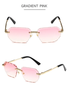 Detail view of rimless polygon sunglasses featuring gradient pink lenses and gold temples