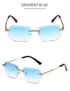 Close-up of rimless gradient blue sunglasses with diamond-cut edges and gold temples