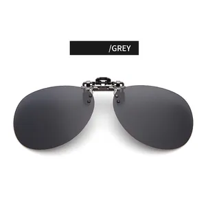 Polarized grey square clip-on sunglasses for men with metal mechanism on white background