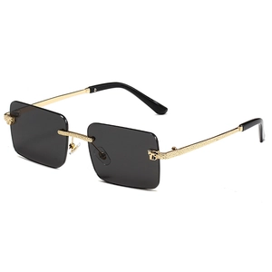 Fashion rimless rectangular sunglasses with gold leopard head decor and dark lenses