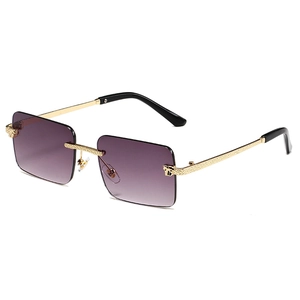 Fashionable rimless square sunglasses with gradient purple lenses and leopard head hardware