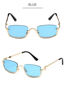 Macro detail of blue rectangular rimless sunglasses with slender gold metal temples