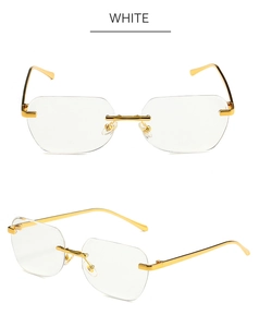 Detail view of gold metal rimless square sunglasses with gradient lenses and nose pads