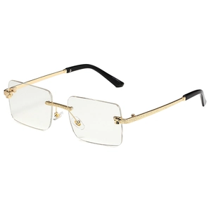 Fashionable rimless square sunglasses with leopard head hinge detail and gold metal frames