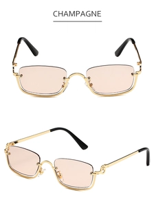 Detail view of champagne rectangle sunglasses with gold metal semi-rimless frames