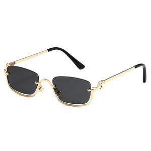 Retro rectangle sunglasses with gold metal frame and dark grey lenses for fashion