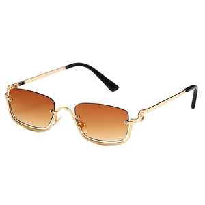 Hip hop rectangular sunglasses with gold metal frame and brown gradient lenses