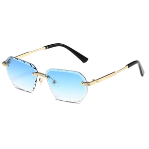Modern rimless polygon sunglasses with light blue gradient lenses and gold metal temples