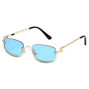 Fashionable rectangle metal sunglasses with gold frame and light blue lenses for unisex