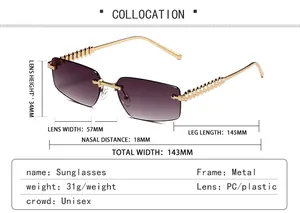 Detailed size specifications for rimless rectangular sunglasses with purple gradient lenses