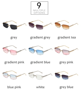 Detailed grid of nine rimless rectangular sunglasses featuring metallic spiral temples