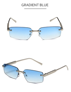 Macro view of rimless sunglasses with gradient blue lenses and gold metal studded temples