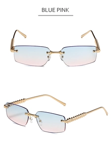 Detailed view of rimless rectangle sunglasses with blue pink gradient lenses and gold temples