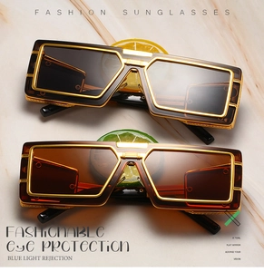Detailed close-up of steampunk oversized sunglasses with bold gold metal frames and lenses