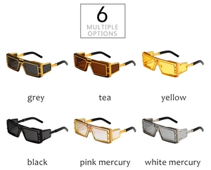 Steampunk sunglasses color collection showing six metallic frame options with industrial shields