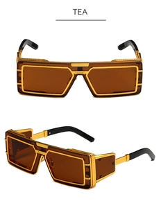 Detail of steampunk square sunglasses with gold metal frame and tea lenses in 45-degree view