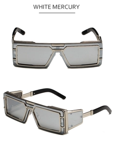 Steampunk oversized sunglasses with white mercury lenses and silver metal frame detail