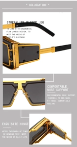 Detail view of steampunk square sunglasses with metal hinges and wide side shields