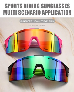 Detail of pink and black cycling sunglasses with oversized polarized lenses for outdoor sports