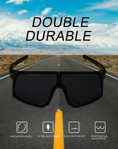 Close-up of durable sports sunglasses with outdoor road background and feature icons