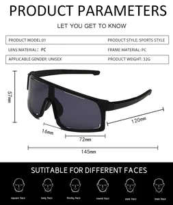 Detailed size chart for sports cycling sunglasses with frame measurements and face fit