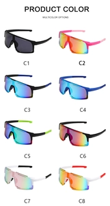 Matrix display of eight colorful cycling sunglasses showing various lens and frame options