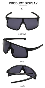 Three views of sports sunglasses showing front, side, and folded back design details