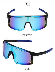 Front and side view of blue sports cycling sunglasses with wide windproof lenses