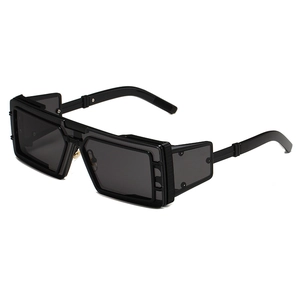 Steampunk black rectangle sunglasses with side shields and cyberpunk layered frame design