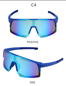 Front and side views of blue outdoor sports sunglasses with polarized colorful lenses