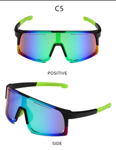 Front and side views of sports cycling sunglasses with black-green frame and rainbow lens