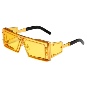 Steampunk oversized rectangular sunglasses with gold metal frame and yellow lenses