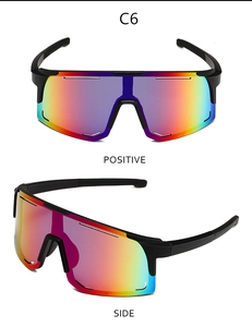 Front and side views of sports sunglasses featuring iridescent lenses and black frames