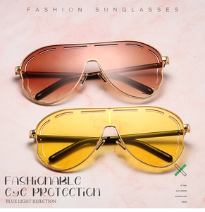 Detail showing gold metal frames with yellow and brown lenses for eye protection