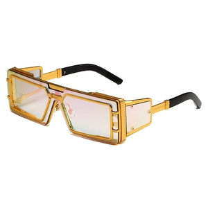 Steampunk oversized metal sunglasses with gold frame and gradient pink-yellow lenses