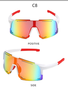 Front and side views of white outdoor cycling sunglasses with rainbow tinted lenses