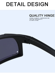 Detail view of durable quality hinges on matte black outdoor cycling sunglasses
