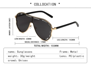 Detailed technical diagram of unisex oversized pilot sunglasses showing 155mm total width