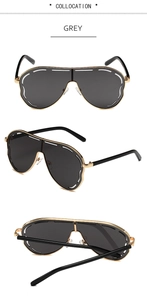 Three-view detail of oversized aviator sunglasses with gold frames and grey dotted lenses